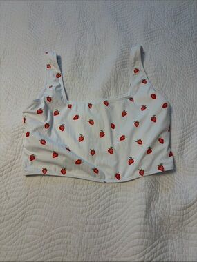 White Crop Tank Top with Red Strawberry Print